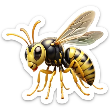 Cinematic Cute Wasp Portrait Emoji, Head tilted playfully and inquisitively, featuring a compact, delicately striped body with softened, endearing eyes and petite, translucent wings, Simplified yet irresistibly adorable features, highly detailed, glowing with a warm, inviting glow, high shine, affectionate and lively, stylized with a touch of whimsical insect charm, soft glowing outline, capturing the essence of a mischievous wasp that seems as if it could buzz out of the screen with a playful wink! sticker