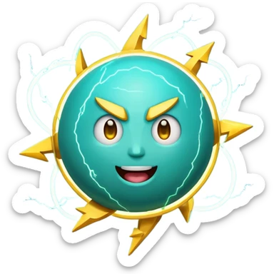 Uranus planet emoji in Apple-style, blue-green with dynamic rings, a large, fun, excited, and expressive face, and a big yellow lightning bolt in front, symbolizing chaotic and unexpected energy sticker