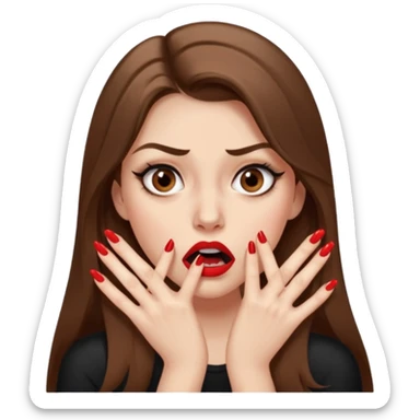 A girl with long brown hair, eyeliner, long lashes, light brown eyes, pale skin and red lipstick biting her nails looking terrified and very nervous. buts of bitten-off fingernail are flying everywhere sticker