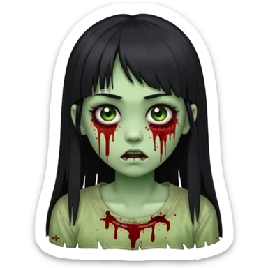 Emoji de uma garota com os cabelos longos, lisos e pretos. Ela usa uma franja curta que cobre toda a sua testa. Tem a pele esverdeada e ferimentos no rosto cobertos com sangue, usa uma blusa branca rasgada e suja de poeira. Ela é uma zumbi sticker