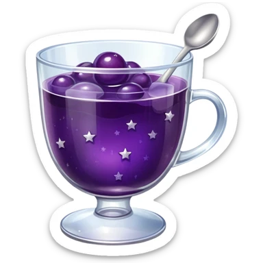 A shiny grape jelly dessert in a clear glass cup with a silver spoon, wobbly texture, little stars around it. sticker