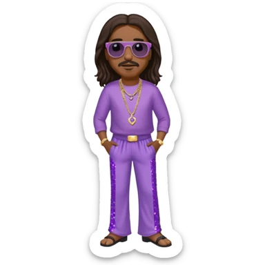 Stevie Wonder with long dark brown hair, lilac sequin baggy pants, shirtless with necklace sticker