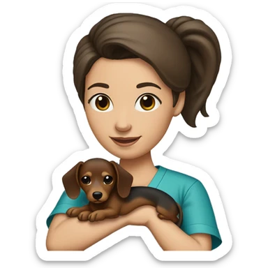 Brunette woman with a top knot wearing scrubs holding a dachshund in her arms sticker