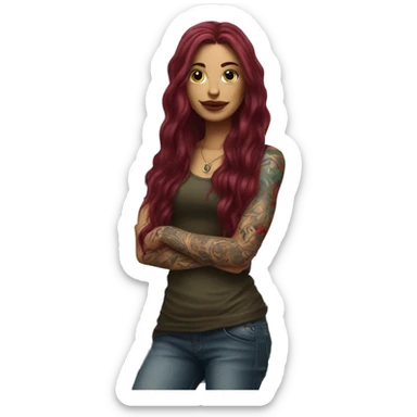 Beautiful tattooed burgundy long haired woman standing next to a car sticker