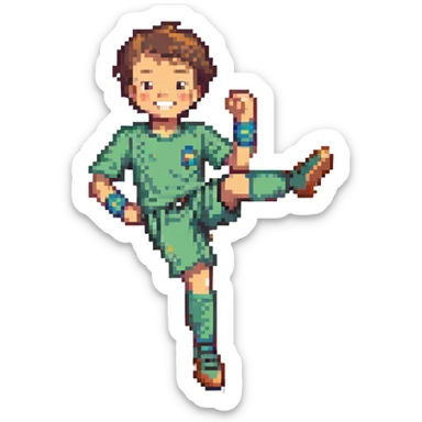 smiling 9-year-old boy playing soccer, mid-kick, pixel art style sticker