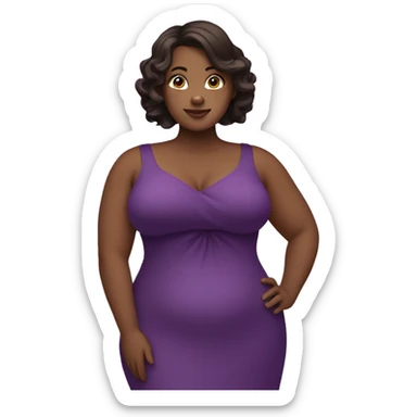 curvy woman holding chest, dark brown hair, purple dress sticker