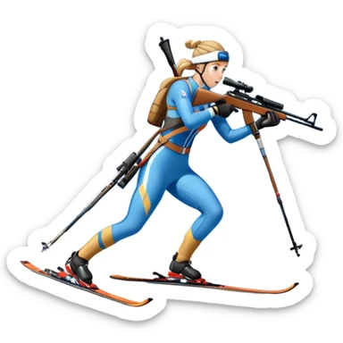 An icon featuring snow-covered trees, distant mountains, and a clear blue sky with a biathlete in motion, holding a rifle and skiing across a snowy course. Transparent background highlights the precision, endurance, and excitement of biathlon. sticker