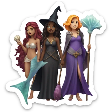 A group of 5 friends, consisting of a female witch, a female wizard, a male merman, a female fairy, and a female siren sticker