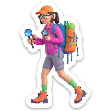 Happy energetic woman in her late 30s with glasses wearing colorful sporty outfit, hiking boots, and backpack, examining with a magnifying glass sticker