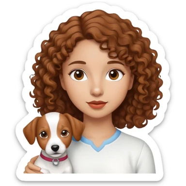 A girl whit brown curly hair and a jack russel sticker