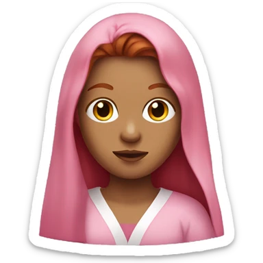 A red-haired girl with long hair in a pink robe and mask sticker