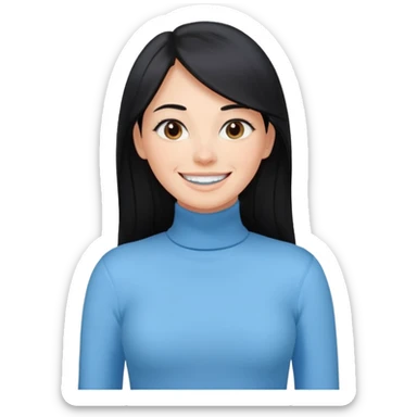 cewe ramah Kulit putih bersih, rambut hitam panjang sleek lurus. Pakai atasan biru muda turtleneck. Pose tangan di pinggang, tatapan senyum percaya diri. sticker