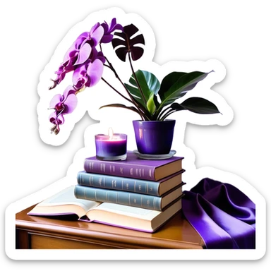 An elegant still life composition featuring a carefully arranged stack of books in shades of light and dark violet, their covers slightly worn, hinting at wisdom and time. A gracefully potted monstera plant with lavender-colored leaves extends its delicate, sculptural foliage. A glass candle holder in a rich purple orchid hue sits nearby, its surface reflecting ambient light. To complete the scene, a silky mauve ribbon drapes over the books, and a subtle lilac-hued ceramic vase holds a single dried flower, enhancing the refined and serene atmosphere. sticker