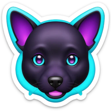 futuristic glowing black dog emoji, neon cyan eyes, purple #8B5CF6 highlights, tech minimal style, dark background sticker