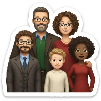 Family of 6 white people, bold head dad, curly dark haired mom,  brown mid long hair daughter, 3 curly light brown hair boys, first with glasses, moustache, 2 other with beard, well dressed for christmas party sticker
