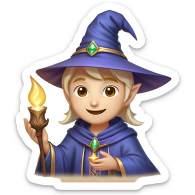 Clash of Clans aesthetic Playful Mage Portrait Emoji, Head tilted with a mischievous glimmer and subtle enchanting smile, featuring a compact, gracefully robed form with a pointed wizard hat and twinkling eyes in natural skin tone, Simplified yet irresistibly charming features, highly detailed, glowing with a warm, inviting magical glow, high shine, spirited and imaginative, stylized with a touch of whimsical sorcery, soft glowing outline, capturing the essence of a playful mage exuding friendly arcane wonder! sticker