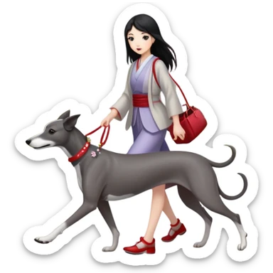 Japanese girl with flowing hair walking a solid grey greyhound with cherry blossoms in the background sticker