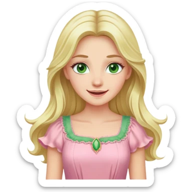 blonde woman with long hair, swamp green eyes, pink pastel dress, joyful expression sticker