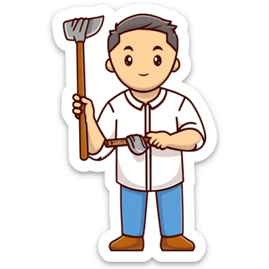 Ukrainian man wearing traditional white embroidered shirt (vyshyvanka) holding a hammer in one hand and a kitchen ladle in the other hand sticker