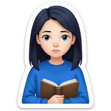 Maret – Cewe Overthinker/SENSITIF Kulit putih pucat lembut, rambut hitam panjang lurus agak messy, belah tengah. Pakai sweater biru terang oversized. pegang jurnal & pulpen, tatapan kosong mikir. sticker