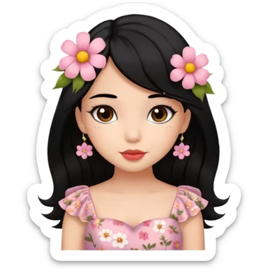 Pretty cute girl wearing a coquette dress, black hair with cute flowers, brown eyed sticker