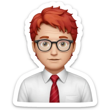 white man in white shirt, having red tie, red wavy hair, wearing glasses sticker