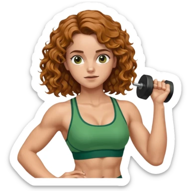 big biceps, muscled torso, very beautiful italian happy girl, looking like Emma Watson, with wavy curly bright hazelnut hair, dressed in green bra sports outfit, pulling up sticker