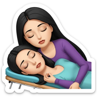 mulher branca cabelo longo e preto aplicando cilios em outra mulher que esta deitada em uma maca de olhos fechados sticker