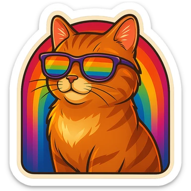 Add a vibrant, colorful background behind the cat with rainbow sunglasses, keep the retro stickers style the same. sticker