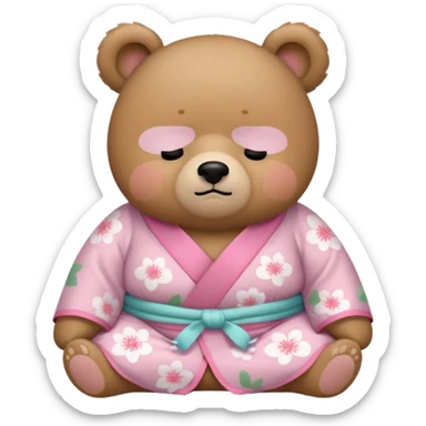A cute chubby light-brown bear wearing a pastel pink sakura-patterned kimono, standard body and small round head, adorable simple face, sleepy half-closed eyes, small blush on cheeks, sitting while dozing off, tiny “zzz” floating above the head sticker