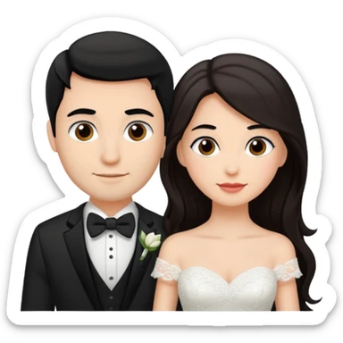 A bride and a groom. The woman is with dark brown hair, the man with black  sticker