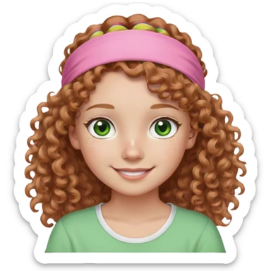 a girl with curly light brown hair, a white headband, green eyes, freckles, and a pink tee shirt smiling sticker