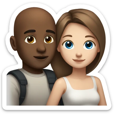 Beautiful Girl with blue eyes and long brown hair and boy with brown hair cuddling, Bald black man  sticker