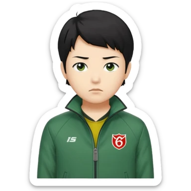 Create a realistic portrait of Kang Sae-byeok (Player 067) with short black hair, green jacket & serious look. sticker