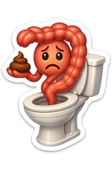 emoji stile iphone di un intestino che esce dal wc con in mano una montagnetta di feci con espressione triste a palline sticker