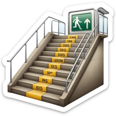 a staircase in the subway that goes down, with a subway sign sticker