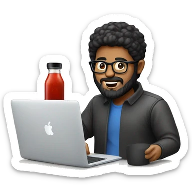 Designer with black hair, beard and glasses working with MacBook and ketchup bottles sticker