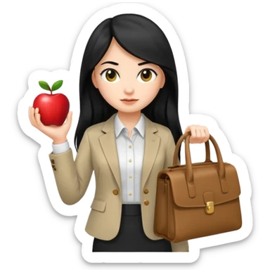 a girl with long black hair, neutral expression, business style clothes (shirt, jacket), with a business bag, Apple Memoji emoji style sticker