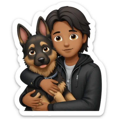 Garoto negro fofo e cabelo comprido usando jaqueta preta abraçando um cachorro pastor alemão  sticker