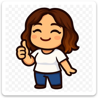 Sticker style chibi emote, matching the attached green heart emote as a base. Woman from reference, white t-shirt and blue jeans, giving thumbs up, cute happy face, no headband, no wand, transparent background. Top color should not match jeans. sticker