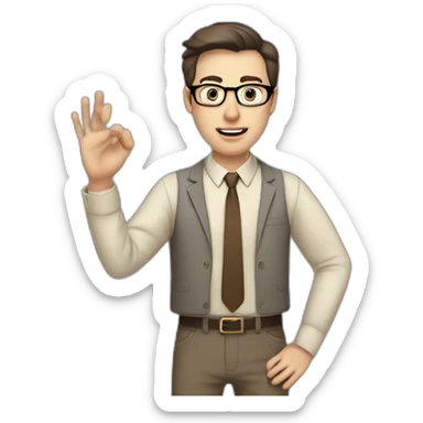 To belt Actively gesturing with hands Pale skinned fit man teacher with dark brown hair in gray jacket, beige office shirt, brown tie, brown pants and vintage glasses. sticker