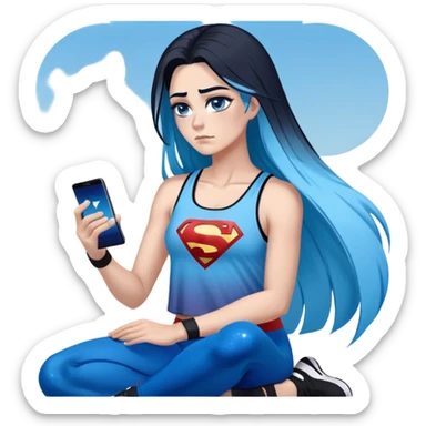 Shameful disappointed crying-very very very very big chest-texting on a samsung cell phone-very long straight flowing black to sky blue hair ombre-blue eyes-black eyeliner-long eyelashes-plastic sparkling sky blue very low cut tank top with sparkling superman logo-black leggings-nike sneakers sticker