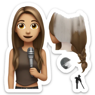 girl with straight long brown hair, brown eyes with microphone sticker