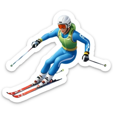 An icon featuring snowy peaks, pine trees, and a picturesque mountain landscape with a skier racing down a snow-covered slope, The sky is blue with soft clouds, capturing the thrill and beauty of alpine skiing. Transparent background highlights the excitement and serenity of winter sports. sticker