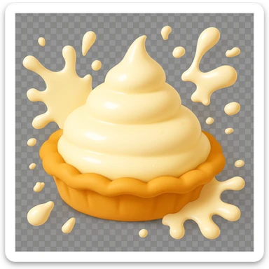 Frame 5 of 15: Intact cream pie, cream splatter growing, playful 3D emoji style, golden brown crust, same angle as reference. sticker