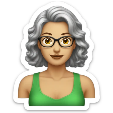 Femme 50 ans cheveux mi longs ondulés gris lunette métal yeux vert noisette sticker