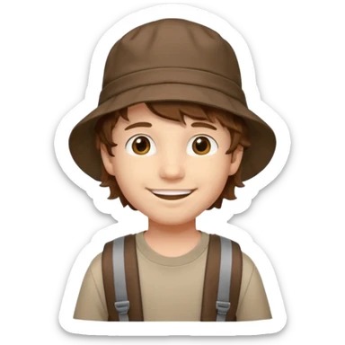 a young student boy with the backpack with bucket hat, brown wavy hair sticker
