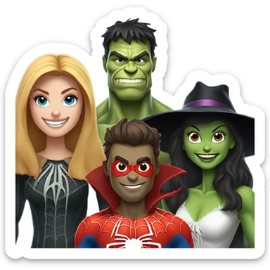 Spider-Man, the Hulk, the scarecrow from the Wizard of Oz and the witch from the Wizard of Oz together as a family sticker
