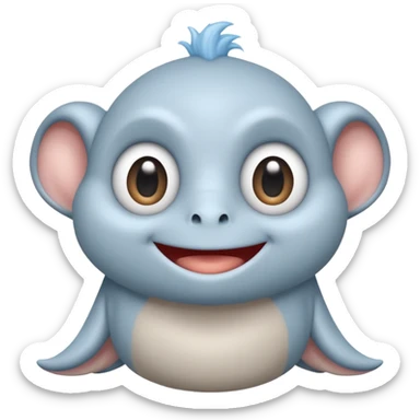 No head..it has 1 eye....stands upright ...wears clothing. is light grey and light blue..looks happy and cuddly... doesnt have a full head.... there is a appendage coming out of top of body with a single large eye sticker