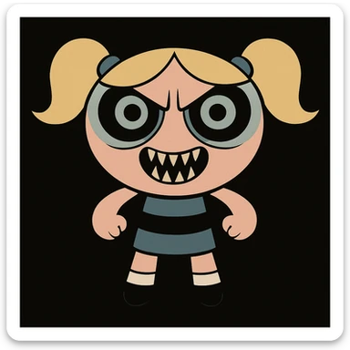 Make Bubbles from Powerpuff Girls even scarier, with a more menacing face, sharper teeth, and intense, creepy eyes, keeping her signature blue dress and pigtails, in a western adult animation cartoon style, black background. sticker
